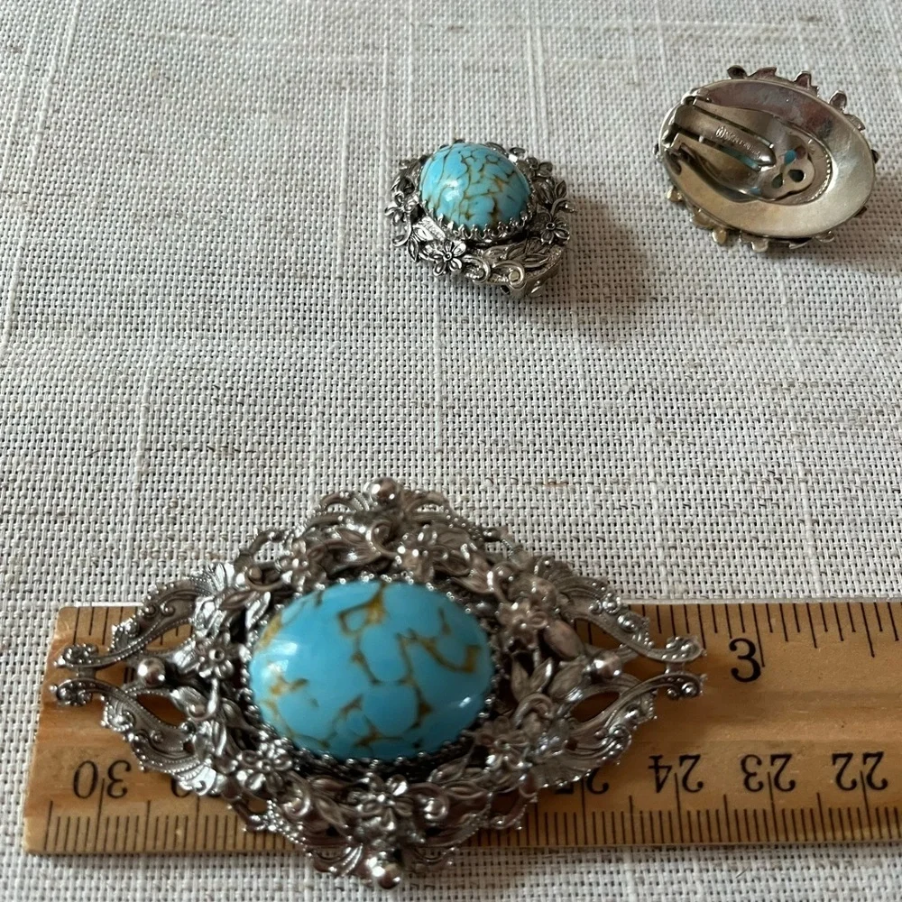Vintage Whiting and Davis turquoise silver Brooch and Earrings Set, Rare Find..